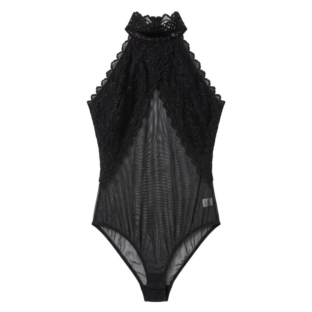 Love Culture Bodysuit Women Small Black Lace Mesh Halter High Neck Keyhole